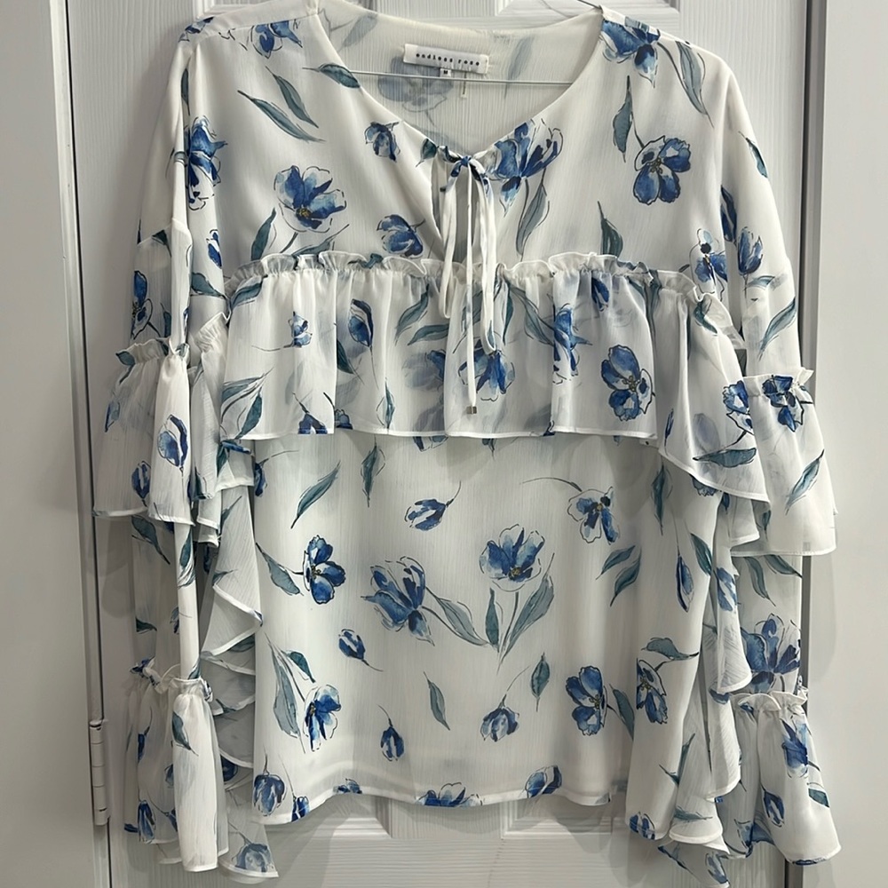 Endless Rose white blue green ruffles flowing lightweight blouse tie front Med